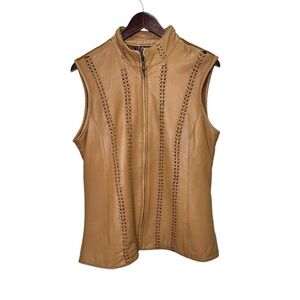 Peck and Peck Tan Brown Genuine Leather Sweater Back Vest Full Zip Closure Large
